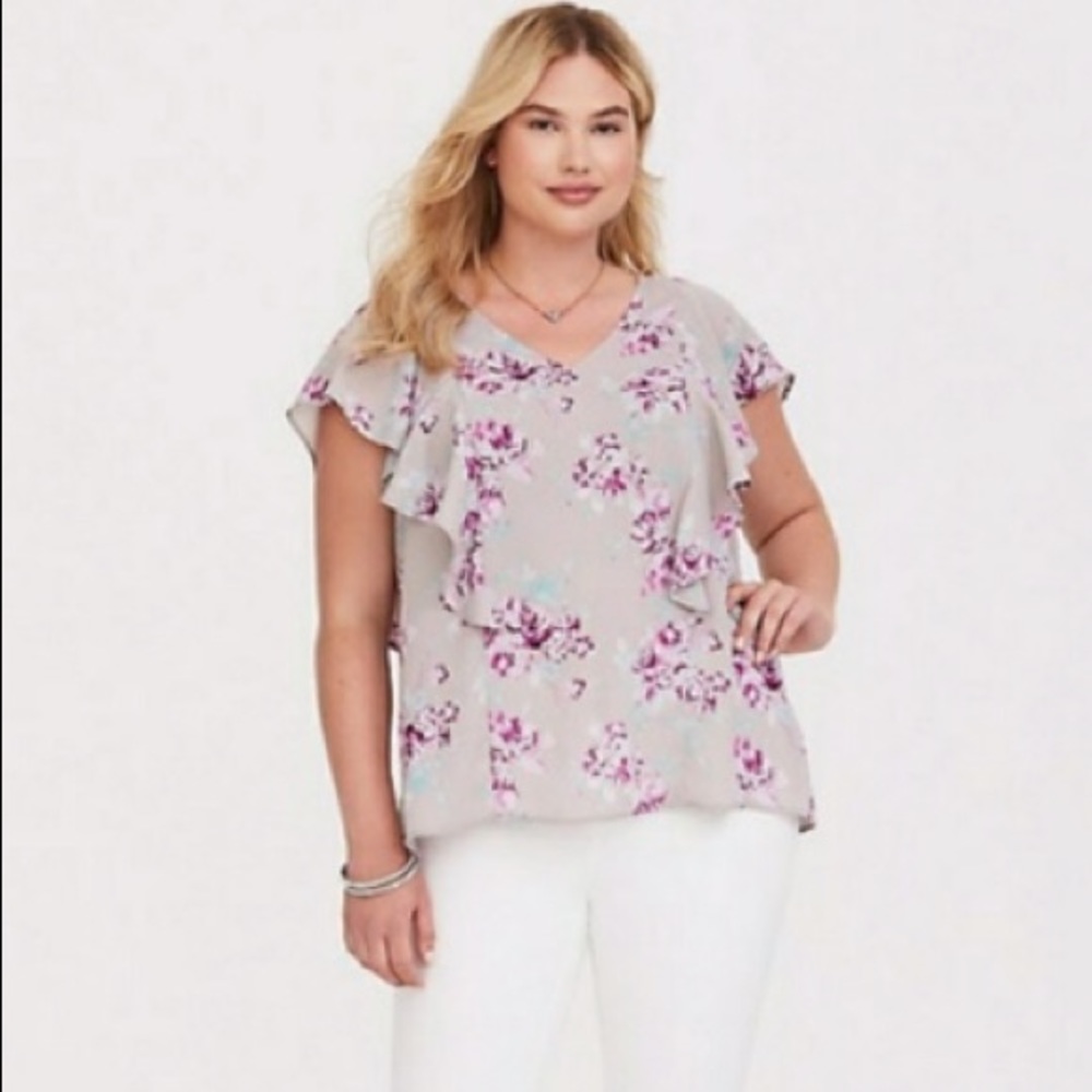 Grey floral ruffle blouse